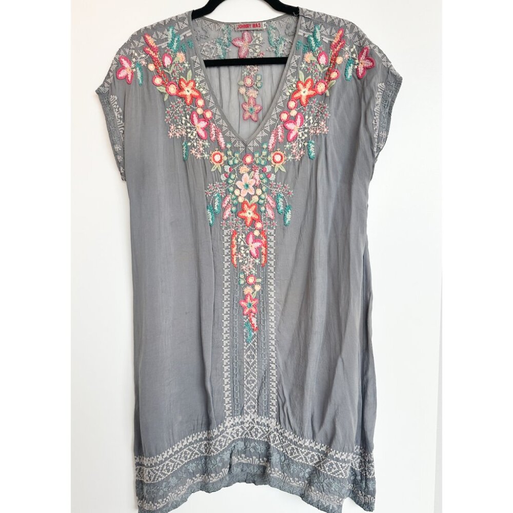 Johnny Was Gray Embroidered Tunic Rayon Floral Dress (Medium)